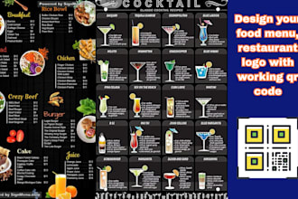 design food menu, bar menu, cafe menu digital menu bifold, trifold with qr code