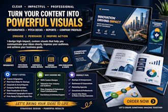 design infographics, startups corporate report, pitch decks and company booklets