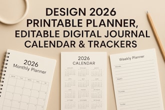 design 2026 printable planner, editable digital journal, calendar and trackers