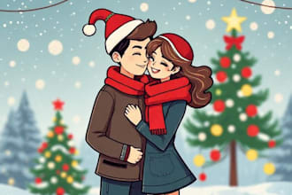 draw romantic christmas couple pop art in cute cartoon style