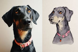 custom pet portrait, cartoon portrait, watercolor portrait