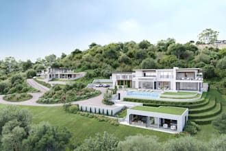 green roof architecture, hillside resort,villa estate plan,ultra exterior render