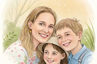 merge photos to watercolor family portrait illustration