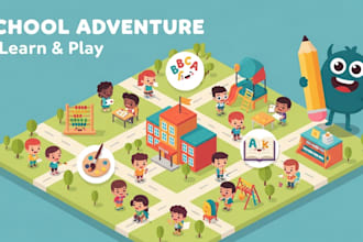 create a kids school adventure learning game math, reading and  mini games
