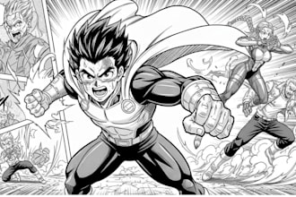 draw manga or anime comic book illustrations, manga page, superhero manga artist