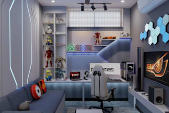 create 3d gaming room design, play room, bedroom gaming setup, kids room render
