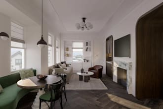 design modern living room,round wooden,black dining chair,home styling, kitchen