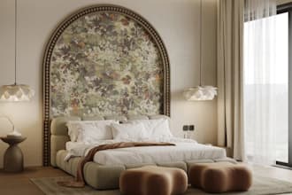 design modern master bedroom, realistic interior cgi rendering, furniture layout