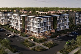 visualize modern residence, urban cityscape, exterior landscape,cgi facade model