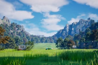 cgi rendering golf course, mini golf field, golf cart park design, golf bays