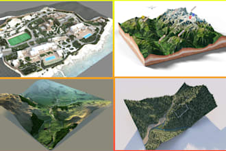 create realistic 3d terrain map, game environment, fantasy world map, topography