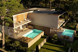 refurish3d elevated house,villa exterior,pool side,outdoor lounge,balcony render