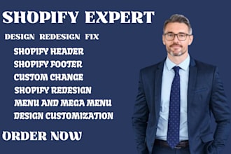 fix, customize or redesign your shopify header, footer, pages, or menus