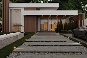 modern minimalist house exterior, vacation house,3d facade design, cgi rendering