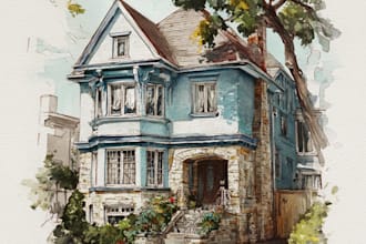 desing an awesome watercolor house portrait