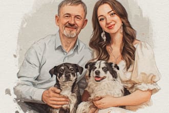 draw disney portrait cartoon character, pet, family illustration art