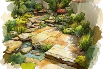 draw watercolor drawings of landscape designs or home gardens