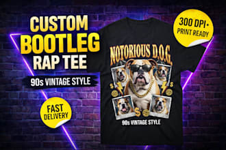 design a 90s vintage bootleg rap t shirt design in high resolution