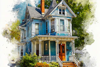 paint a watercolor house portrait or city space illustration