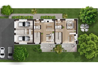 realistic 3d floor plan with an exterior site plan
