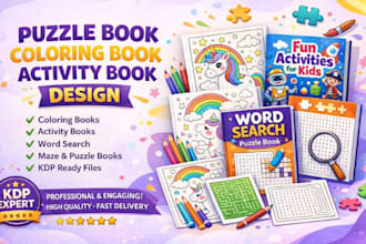 design puzzle book, coloring book, activity book, coloring pages and word search