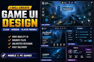 design professional game UI, hud, menus, buttons, and loading screens