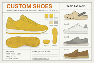 create professional shoe tech packs for sneakers, boots, sandals and footwears
