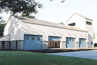 draw 3d warehouse plan, industrial store, exterior garden, 25i16 section, sketch
