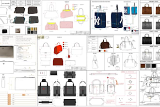 technical flat sketch design, purse, wallet, language bag, utility bag techpack