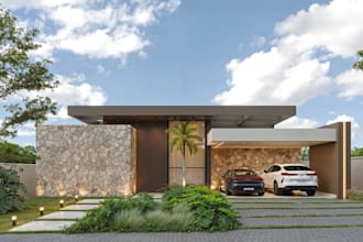 render 3d home exterior, cgi brick house, pool side, outdoor lounge, landscaping