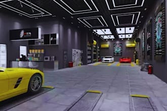 do 3d car showroom interior design, car showroom with 3d modelling, 3d rendering
