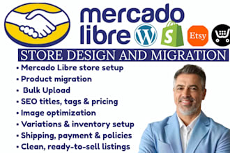 setup migrate upload product from shopify etsy wix woo commerce to mercado libre