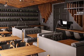 render dark restaurants interior, plaster wall design, autocad furniture layout