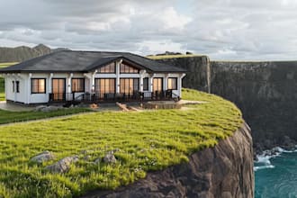 upscale 3d villa rendering,mountain building,river side design,landscape garden