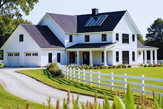 do realistic 3d farmhouse, barn, ranch house, green house, garden house designs
