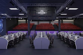 design 3d esport center VR cyberclub, gaming room, digital furniture, cgi render