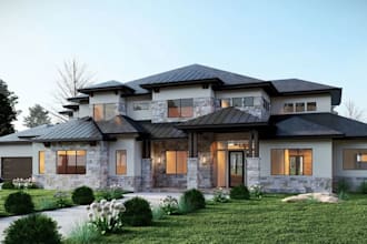 render 3d duplex exterior,cgi brick villa,interior gym space with balcony design