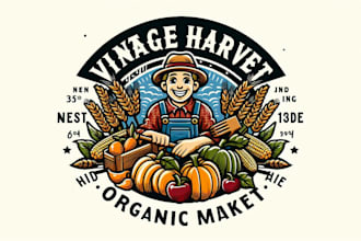 create vintage harvest organic market mascot logo with text with any file