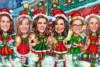 design and draw a christmas cartoon caricture, christmas family group cartoon