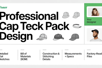 create tech pack for cap, hat, snapback, bucket, beanie and design cap mockups