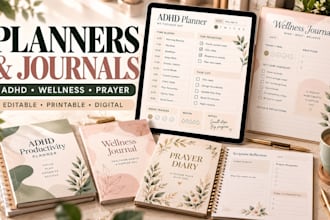design adhd planner, wellness journal, and prayer diary for etsy and digital use