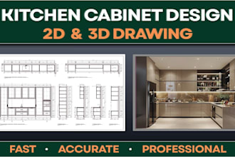 do kitchen cabinet, 2d millwork, shop drawings in autocad, 3d model with render