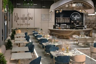 refurbish 3d restaurant interior design, café, coffee lounge area, cgi rendering