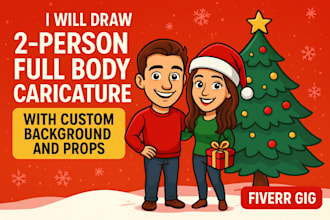 custom full body xmas caricatures for 2 people with unique background and props