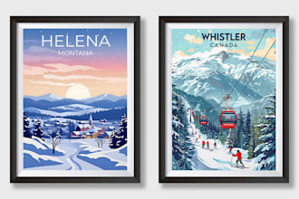 do winter travel poster snowy city village illustration custom landscape design
