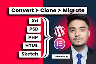 convert or migrate HTML, PSD, xd, PHP, sketch to wordpress elementor website