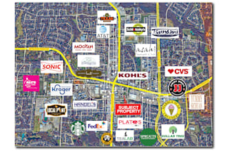retail trade aerial map with site arrow, drone property boundary