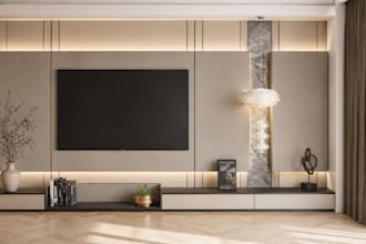 design a modern custom TV wall unit and media wall in 3d