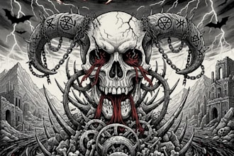 draw detailed dark art, heavy metal, skull illustrations