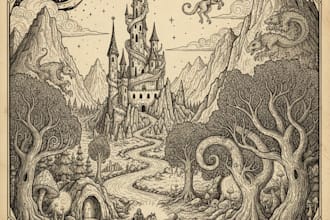 create freehand fantasy pen and ink illustration